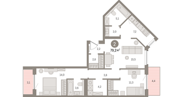 2-к. квартира, 79 м²