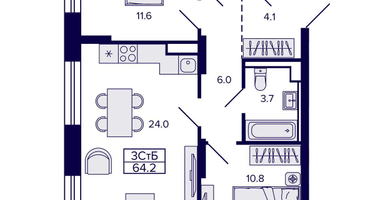 3-к. квартира, 64 м²