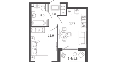 1-к. квартира, 35 м²