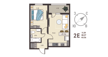 1-к. квартира, 40 м²