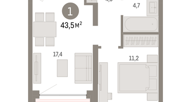 1-к. квартира, 43&nbsp;м²