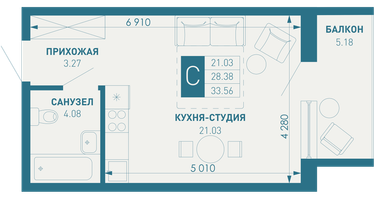 Студия, 33 м²