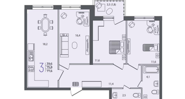 3-к. квартира, 77&nbsp;м²