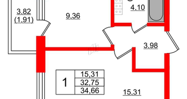 1-к. квартира, 32&nbsp;м²