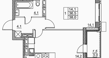 1-к. квартира, 38&nbsp;м²