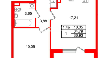 1-к. квартира, 34&nbsp;м²