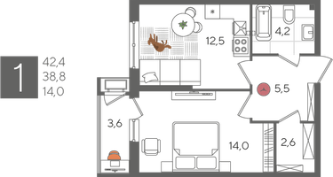 1-к. квартира, 42 м²