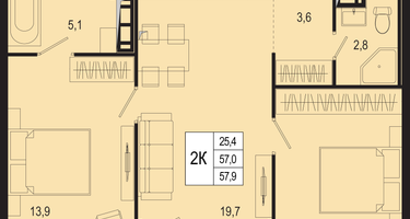 2-к. квартира, 57&nbsp;м²