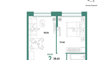 2-к. квартира, 38&nbsp;м²