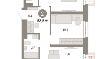 2-к. квартира, 58 м²