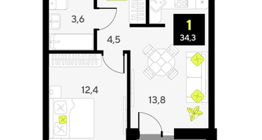 1-к. квартира, 34&nbsp;м²