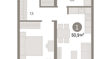 1-к. квартира, 50&nbsp;м²