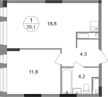 1-к. квартира, 39&nbsp;м²