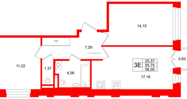 2-к. квартира, 55&nbsp;м²