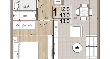1-к. квартира, 43&nbsp;м²