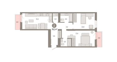 2-к. квартира, 76 м²