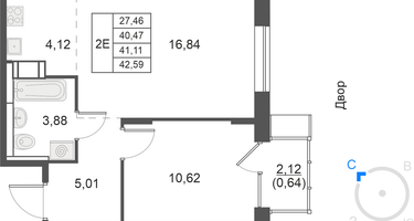 2-к. квартира, 41&nbsp;м²