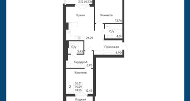 2-к. квартира, 74&nbsp;м²