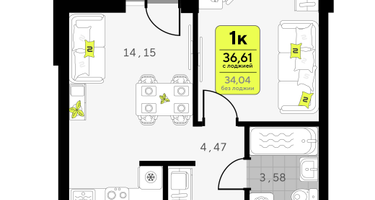 1-к. квартира, 36&nbsp;м²