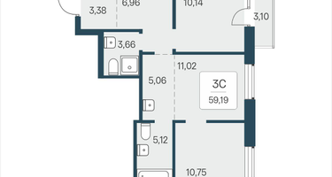 3-к. квартира, 59 м²
