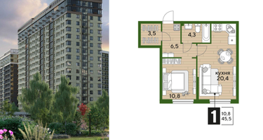 1-к. квартира, 44&nbsp;м²