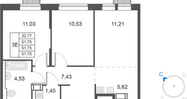 3-комнатная квартира, 51&nbsp;м²