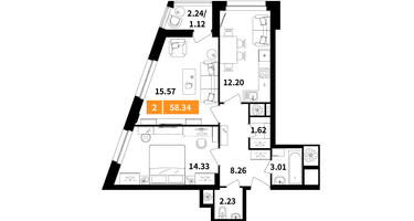 2-к. квартира, 58&nbsp;м²