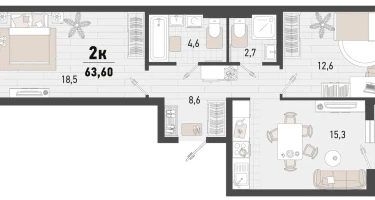 2-к. квартира, 62&nbsp;м²