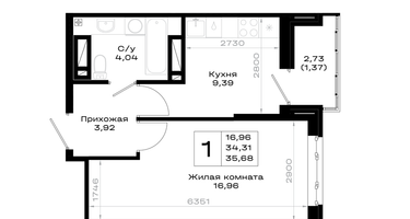 1-к. квартира, 35&nbsp;м²