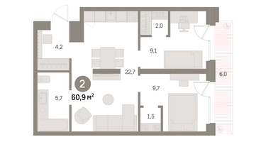 2-к. квартира, 60&nbsp;м²