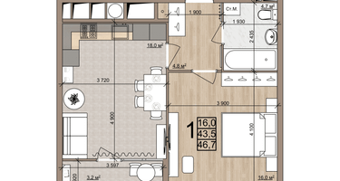 1-к. квартира, 46&nbsp;м²