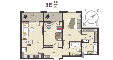 2-к. квартира, 63&nbsp;м²