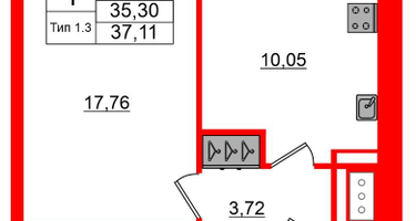 1-к. квартира, 35&nbsp;м²