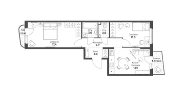 2-к. квартира, 56&nbsp;м²