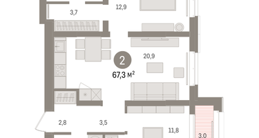 2-к. квартира, 67 м²