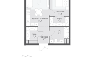 1-к. квартира, 57&nbsp;м²