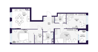 3-к. квартира, 102 м²