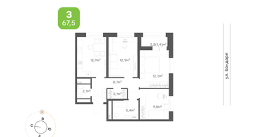 3-к. квартира, 67 м²