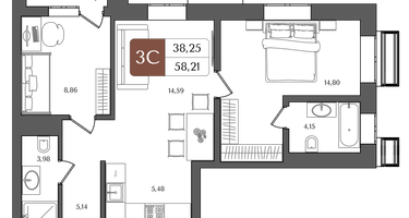 3-к. квартира, 58 м²
