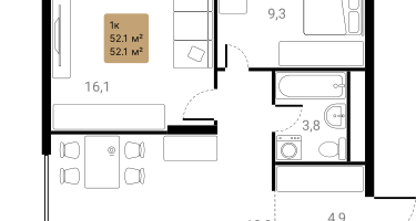 2-к. квартира, 52&nbsp;м²