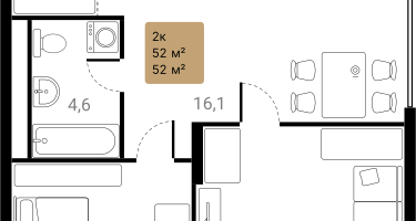 2-к. квартира, 52&nbsp;м²