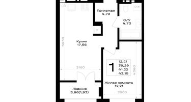 1-к. квартира, 41&nbsp;м²