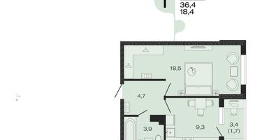 1-к. квартира, 38&nbsp;м²