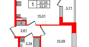 1-к. квартира, 32&nbsp;м²