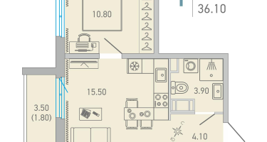 1-к. квартира, 36&nbsp;м²