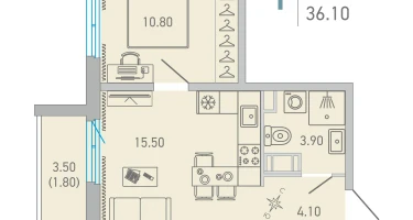 1-к. квартира, 36&nbsp;м²