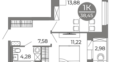 1-к. квартира, 38 м²