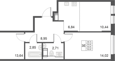 3-комнатная квартира, 59&nbsp;м²