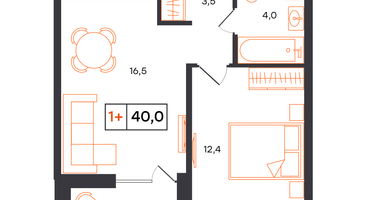 1-к. квартира, 40 м²