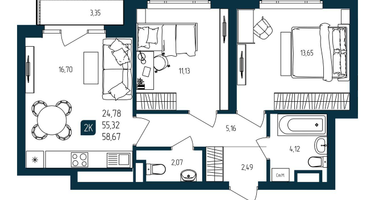 2-к. квартира, 55&nbsp;м²